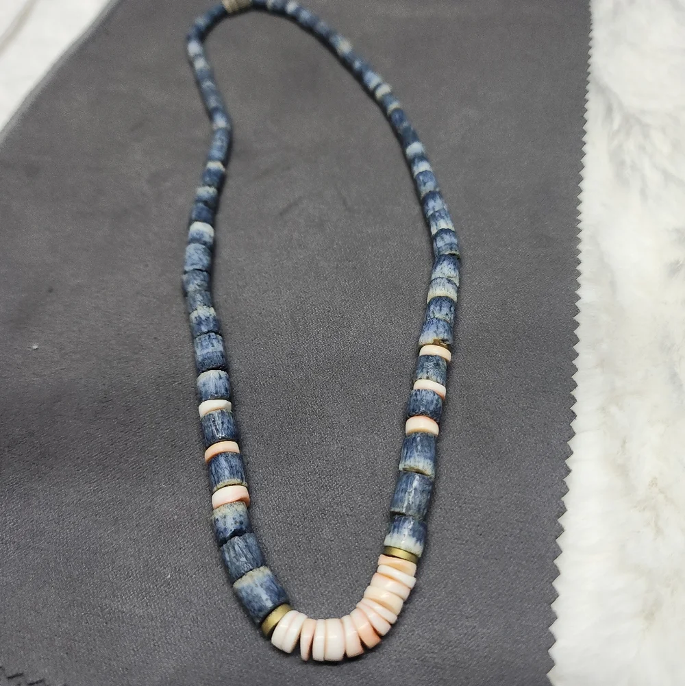 Antique Blue Coral and Shell Beaded Necklace - Picture 7 of 7